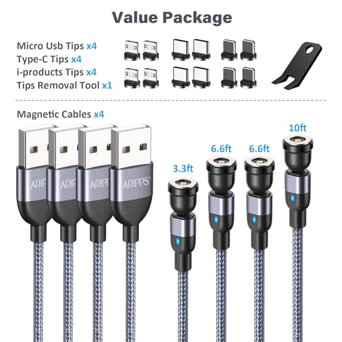 Revolutionary 3-in-1 Magnetic Charging Cable Set – 4 Pack with 540° Rotating Magnet (3.3 ft, 6.6 ft, 6.6 ft, 10 ft) – Durable Nylon Braided USB Cables Compatible with Micro, Type C, and i Phone Devices for Fast, Hassle-Free Charging and Ultimate Convenience