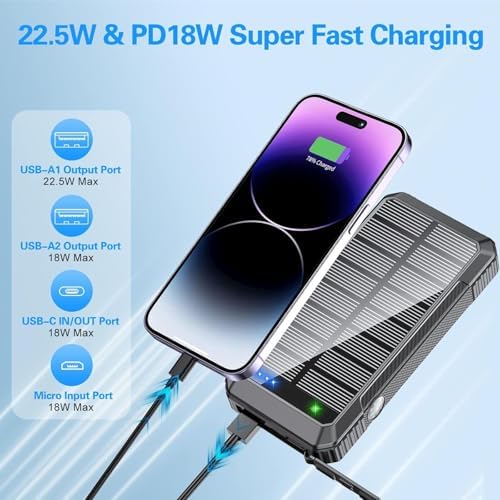 High-Capacity 33800 m Ah Solar Power Bank with 4 Built-in Cables – 22.5 W Fast Charging, 7 Outputs & 4 Inputs, Integrated Compass & SOS Features for Outdoor Adventures – Rugged Portable Charger with Strong Flashlight for Emergency Preparedness