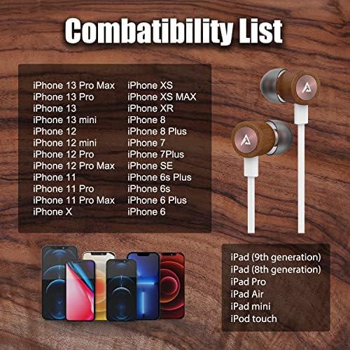 Elevate Your Sound Experience with ADPROTECH Lightning Earbuds – MFi Certified Wooden In-Ear Headphones with Magnetic Design, Built-In Microphone & Volume Control, Compatible with i Phone 14, 13, 12, 11 Pro Max, XS Max, XR – Stylish, Durable, and Ergonomic for All-Day Comfort