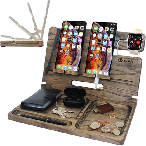 BarvA Two Phone Docking Station | Foldable Night Stand Desk Organizer | Rustic Nightstand Organizer | Tablet Smart Watch Earbuds Charging Station | Dresser Phone Stand | Bed Room Decor Gifts for Men – Enhanced Compatibility and Speed