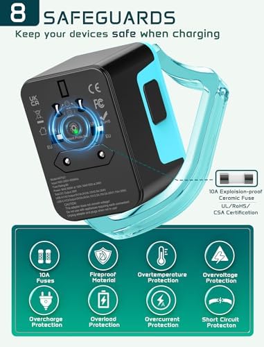 Global Travel Power Adapter with Dual USB-C & USB-A Ports – Compact 240 V AC Charger for International Use in EU, US, UK, AUS – Fast Charging Solution for Modern Travelers – Sleek, Lightweight Design (Black/Blue)