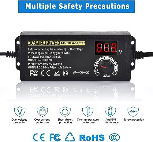Versatile Adjustable DC Power Supply 3 V-24 V with Digital Voltage Display and 14 Interchangeable Tips – High-Efficiency Universal AC/DC Adapter for Global Use, 3 A 72 W Output for Reliable Device Compatibility