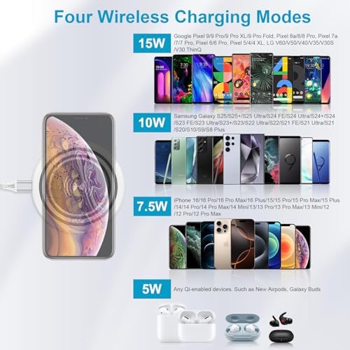 HOOTEK 15 W Fast Wireless Charger Pad – Universal Compatibility for Moto Edge, Samsung Galaxy S Series, and i Phone 16/15 Pro Max – Enhanced Safety Features, Non-Slip Design, and Multi-Protection Charging Station for Speedy Device Power-Up – Ideal for Qi-Enabled Phones and Earbuds
