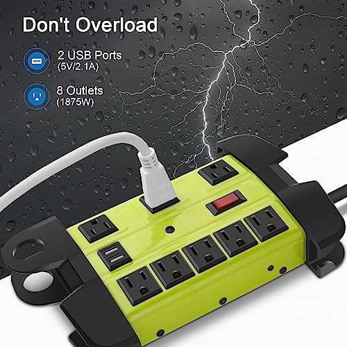 Industrial Heavy Duty Power Strip with 8 Outlets & USB Ports – 2700 Joules Surge Protector for Workshop & Garage – 15 Amp Metal Power Strip with 6 FT Extension Cord for Enhanced Device Compatibility & Fast Charging