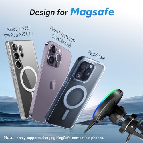 for Magsafe Car Mount, 15W Magnetic Wireless Charger for iPhone, Magsafe Air Vent Car Holder Charger for iPhone 16 Pro Max/16/15/14 13 12, Samsung S25/S25+/Ultra, LED RGB Design – Enhanced Compatibility and Speed