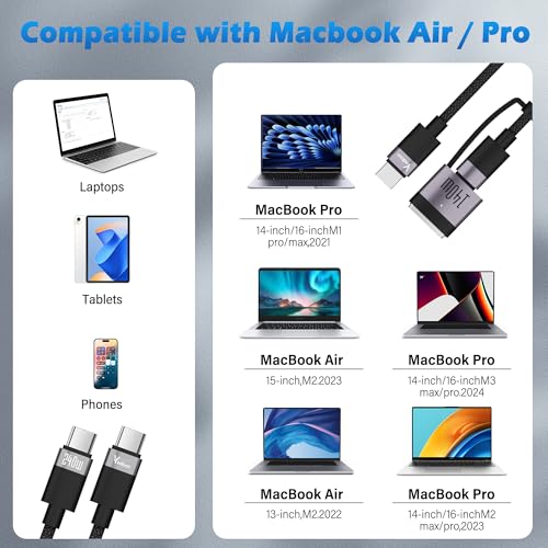 USB-C to Magnetic 3 Cable Braided 6 FT,2 In 1 140W Magnetic Safe 3 Fast Charging Cord With 240W USB C to C Charger Cable Adapter, Fit for MacBook Pro/Air M1 M2 M3(2021-2024 14″&16″- Space Gray – Enhanced Compatibility and Speed