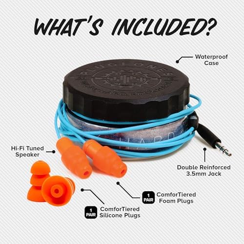 Plugfones Guardian Hybrid In-Ear Headphones with 29 d B Noise Reduction – OSHA Compliant Earplug Earbuds for Ultimate Hearing Protection and Superior Sound Quality – Includes Waterproof Case (Blue & Orange) for Easy Portability and Enhanced Durability
