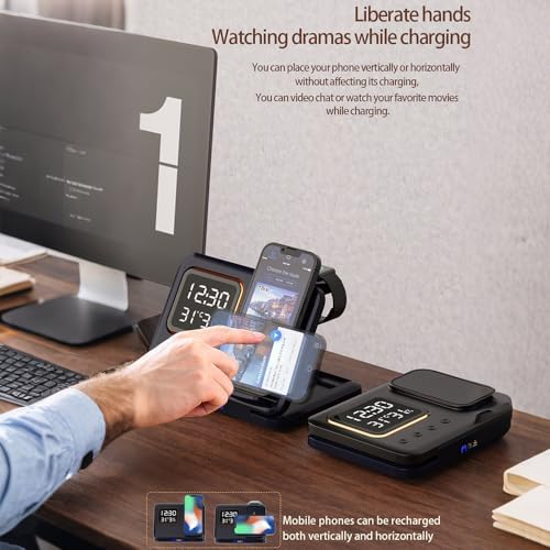 Revolutionary 5-in-1 Wireless Charging Station with Digital Clock, Night Light, and Temperature Display – 15 W Fast Charge for Qi Phones, Smartwatches & TWS Earbuds – Enhanced Safety Features and Space-Saving Design for Home or Travel