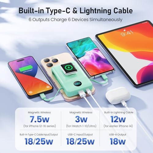 Revolutionary Magnetic Portable Charger for i Phone – 6-in-1 Power Bank with 10,800 m Ah Capacity, Built-in Cables, Apple Watch Charger, and LCD Display – 25 W PD Fast Charging for i Phone 16/15/14/13/12 and Mag Safe Compatibility – Ultimate On-the-Go Charging Solution