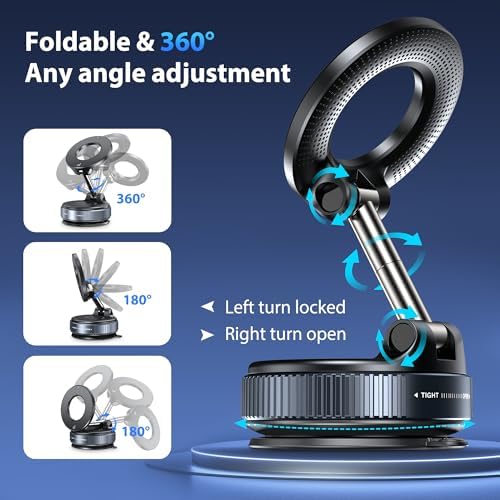 CreaDream Car Phone Mount for Magsafe, Ultra Strong Vacuum Magnetic Suction Cup Cell Phone Holder with 360° Rotation, Foldable Phone Holders for Your Car, Car Accessories for All Smartphones（Black） – Enhanced Compatibility and Speed