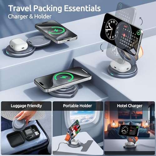 Revolutionary 3-in-1 Travel Wireless Charging Station for Apple Mag Safe – Compact Foldable Charger with 360-Degree Rotating Magnetic Stand for i Phone, Apple Watch, and Air Pods – Ultimate Convenience and Speed for Modern Travelers