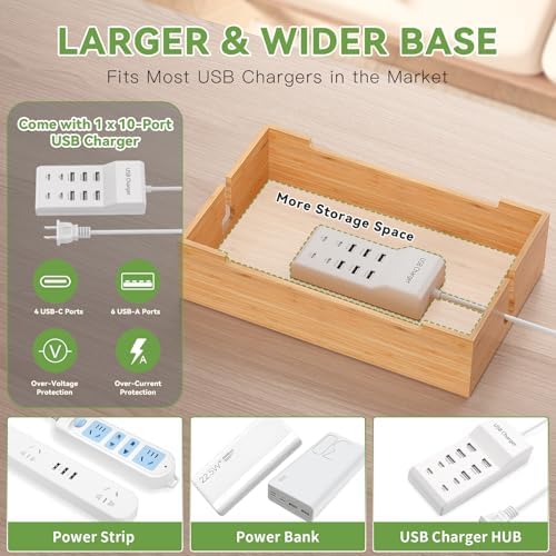 Pezin & Hulin Eco-Friendly Bamboo Charging Station – 10-Port USB Dock Organizer with 6 Cables, Enhanced Power Supply & Cable Management for Multi-Device Charging, Sleek Natural and Black Design for Homes and Offices