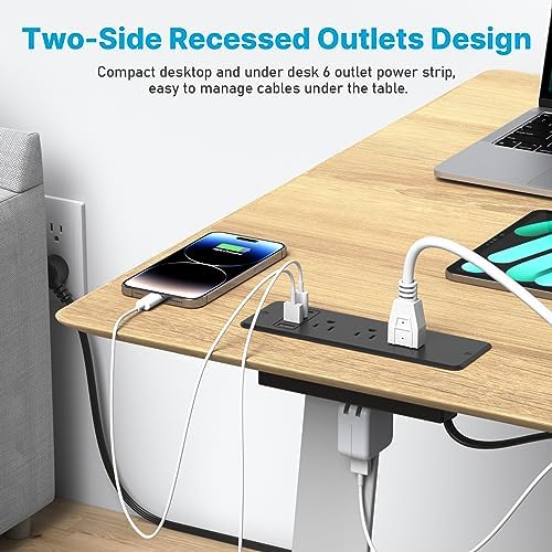 CCCEI 6-Outlet Recessed Power Strip with Dual USB-C Ports – Sleek Flush Mount Charging Station for Desks & Nightstands, 10-Foot Cord for Flexible Setup, Ideal for Home & Office Power Needs, White Finish