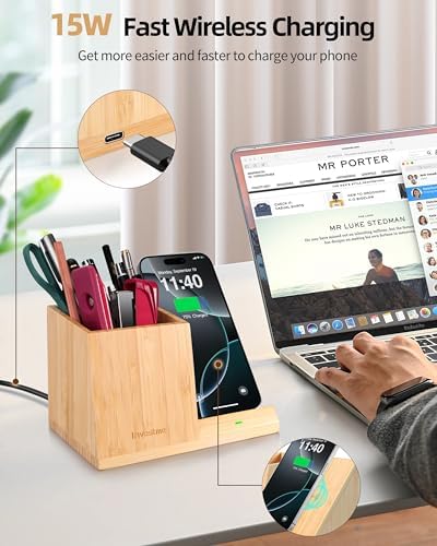3-in-1 Bamboo Wireless Charger with Desk Organizer, Bamboo Pen Holder for Desk, 15W Fast Wireless Charger with Pen Holder for Home Office Supplies, Compatible with iPhone and Samsung – Enhanced Compatibility and Speed