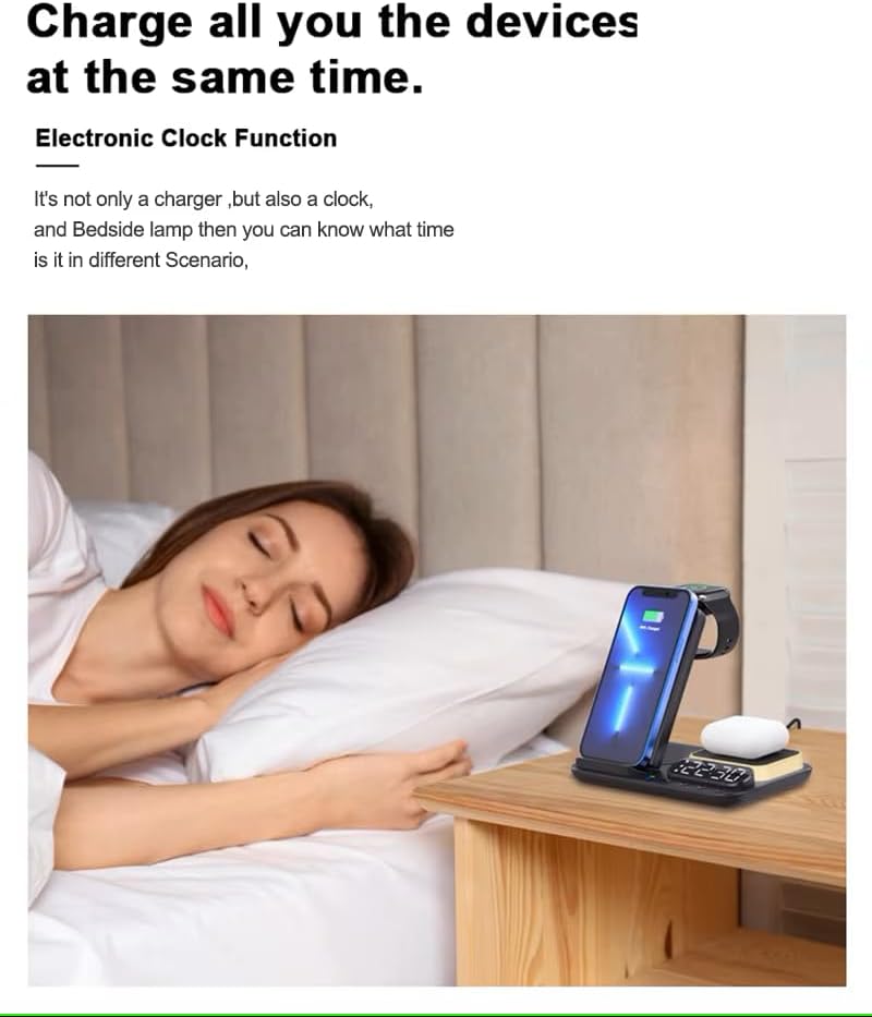 Revolutionize Your Charging Routine with the Tron TR42 7-in-1 Wireless Charging Station – 25 W Fast Charging for i Phone, Watch & Air Pods, Space-Saving Design, Digital Clock & Night Light for Home, Office, and Travel Use