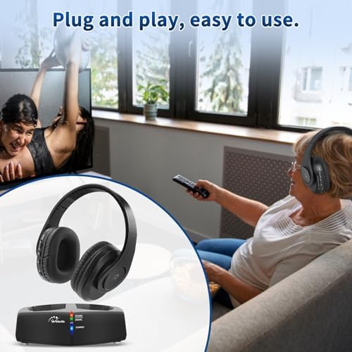 Unleash the Power of Sound with Wallar Ge Long-Range Wireless Over-Ear Headphones – Effortless Setup with RF Transmitter, 100 Ft Wireless Freedom, and 20-Hour Rechargeable Battery Life for Uninterrupted Entertainment – Luxurious Comfort in Sleek Black/Red Design, Compatible with All TV Brands for an Immersive Audio Experience