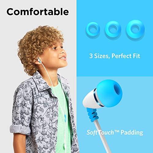 Lil Gadgets Safe Sound Kids Earbuds – Comfortable Wired Earphones for School with Volume Limiting, In-Line Microphone, Travel Case & Audio Splitter – Perfect for Young Learners in Blue
