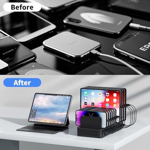 Revolutionize Your Charging Setup with a 60 W 10-Port USB Fast Charging Station – Versatile Device Organizer with Adjustable Dividers for i Phone, Android, Tablets & More – Superior Compatibility & Enhanced Efficiency for Home or Office Use
