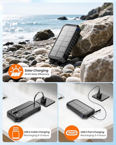 FEELLE 27000 m Ah Solar Power Bank: Ultimate Fast Charging Outdoor Charger with Dual Built-in Cables & LED Flashlights for Camping & Hiking – All-Device Compatibility & Solar-Powered Convenience