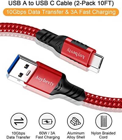 High-Speed USB A to USB C Cable (3.3 FT & 10 FT) – 10 Gbps Data Transfer, 60 W Fast Charging for Samsung Galaxy S23/S22/S21/S20/S10 Ultra & All Type C Devices – Durable Nylon Braided Design for Ultimate Flexibility and Performance