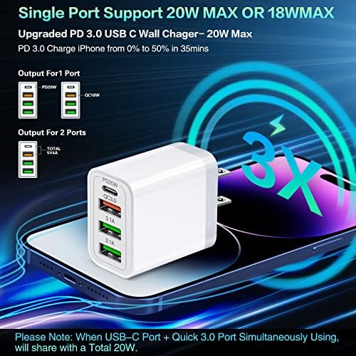 35 W USB-C Fast Charging Block 4-Pack – High-Speed 4-Port Wall Charger with PD 3.0 & Quick Charge 3.0 for i Phone 16/15/14/Pro, i Pad Pro, Samsung Galaxy, and More – Universal Compatibility for All Devices, Compact & Travel-Ready Power Adapter