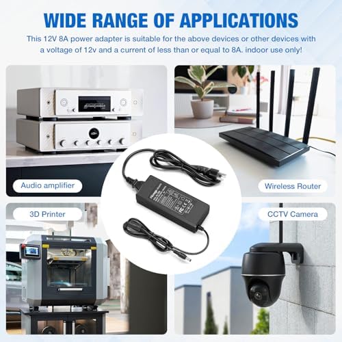 High-Efficiency 12 V 8 A AC to DC Power Adapter – 96 W Switching Supply for LED Strip Lights – 6.7 ft Power Cord – Universal Compatibility with 5.5 mm x 2.5 mm & 2.1 mm Connectors – Robust, Long-Lasting Power Solution for Home and Professional Use – Enhanced Performance & Economical Design