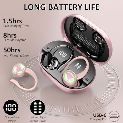 Elevate Your Fitness Experience with Premium Bluetooth 5.4 Wireless Earbuds – 50 Hours of Deep Bass Playback, Advanced ENC Noise Cancellation, and IP7 Waterproof Durability – Ideal for Gym Enthusiasts and Active Lifestyles with Secure Earhooks for Unmatched Comfort and Performance