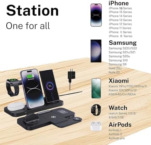 Ultimate 6-in-1 Wireless Charging Dock for i Phone 16/15/14/13, Apple Watch Series, Air Pods Pro – Super-Fast Qi-Certified Charging Station with QC3.0 Adapter for Seamless Device Compatibility and Safety Features – Perfect for Home and Travel Use