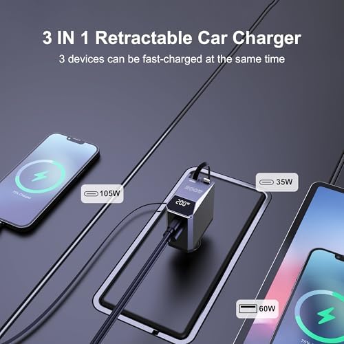 Aftertop 200 W Retractable USB-C Car Charger: 3-in-1 Fast Charging Solution with 2.3 ft Cable & Power Display for Mac Book Pro, i Phone 16/15, Galaxy S25/S24 Ultra – Ultimate Portability & Speed for All Your Devices
