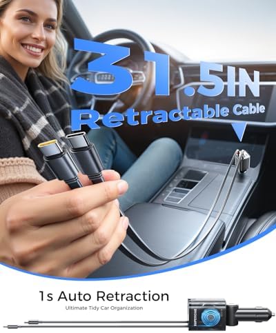 Ultimate 4-in-1 Retractable USB C Car Charger for Fast Charging – Dual Type C Cables for i Phone 16/15/14/13/12, i Pad, Galaxy, and Pixel Devices – Streamlined Design for Maximum Efficiency and Clutter-Free Travels