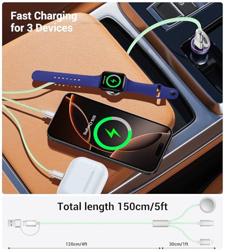 Temdan 2-Pack 5 ft 3-in-1 Charging Cable for Apple Devices – Ultimate Travel Solution with USB A, Type C & Lightning Connectors for i Phone 12-16, i Pad, and Apple Watch Ultra & SE – Durable, Versatile, and Hassle-Free Power Anywhere
