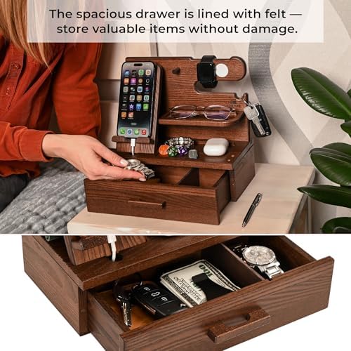 TESLYAR Wood Phone Docking Station with Drawer – Nightstand Organizer – Desk Organizer for Husband – Birthday Gifts for Men, Dad, Anniversary Idea, Key Holder Stand Watch & Accessories (Bourbon Brown) – Enhanced Compatibility and Speed