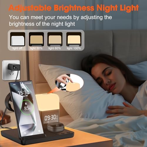 Ultimate 6-in-1 Wireless Charging Station for Samsung & Android: Fast Charger with Alarm Clock & Night Light for Galaxy S25 Ultra, S24, S23, and Samsung Watch7 – Space-Saving Design, Enhanced Compatibility, and Sleek Black Finish for Modern Living