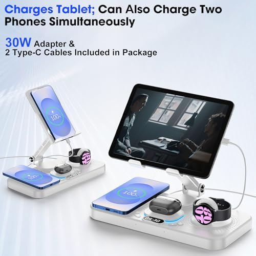 30 W Magnetic Wireless Charging Station with 12-Hour Clock & 7 Color Ambient Light for Samsung Devices – Fast Charging Hub for Galaxy Tab, Galaxy S25 Ultra, Samsung Watch 7, and Galaxy Buds3 Pro – Portable, Foldable Design with Adjustable Tablet Stand for Travel – Comprehensive Safety Features for Optimal Performance