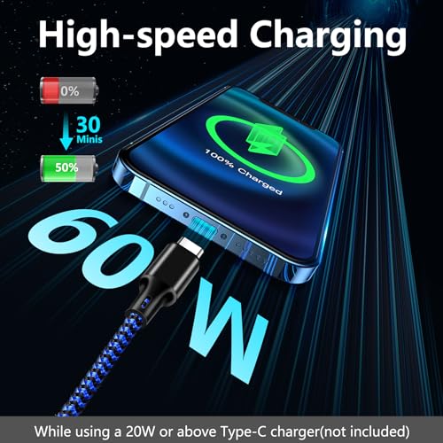 High-Speed 10 FT USB C to USB C Charger Cable – Durable Nylon Braided 3-Pack for Rapid 60 W Charging – Compatible with i Phone 15/16, i Pad Pro, Mac Book, Samsung & Google Devices – Sleek Black Design for Ultimate Flexibility and Reliability