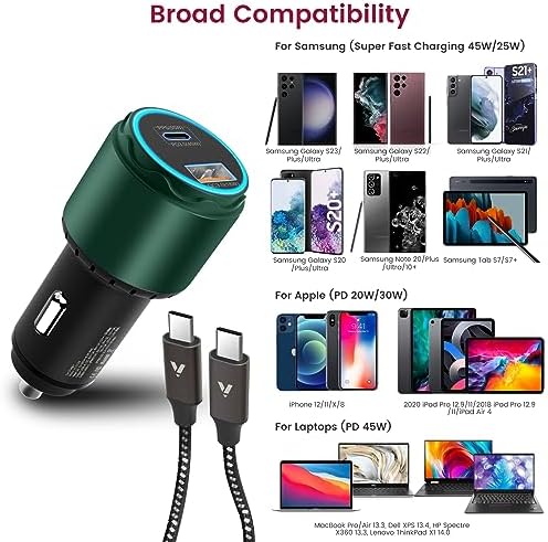 VELOGK 73 W Turbo USB-C Car Charger – Ultra-Fast Adaptive 55 W & 45 W PPS/PD & QC3.0 Adapter for Samsung Galaxy S25/S24/S23/S22+/S21/S20 & i Pad Pro – Compact Green Design with Advanced Safety Features for Rapid On-the-Go Charging