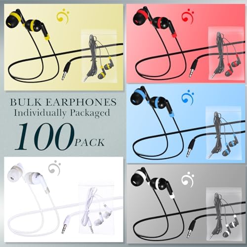 Kanayu 100-Pack Classroom Wired Earbuds – High-Quality Red Headphones with 3.5 mm Jack for Enhanced Learning Experiences, Individually Packaged for Hygiene and Easy Distribution, Ideal for Focused Listening in Libraries and Classrooms, Distraction-Free Design Without Microphone