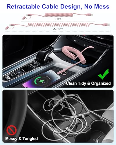Versatile 2-in-1 Coiled Pink Charger Cable – USB to Lightning & USB-C for Fast Charging & Data Transfer, Compatible with i Phone 11-16 & Android Devices, Supports Apple Car Play & Android Auto, Stylish & Durable Design for Effortless Connectivity