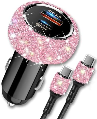 Stylish Pink Bling USB C Car Charger – 48 W Power Delivery & Quick Charge Dual-Port Adapter with 3.2 FT Type-C Cable for i Phone 16, 15 Pro Max, i Pad, Samsung Galaxy & Android Devices – Ultimate Fast Charging Solution for On-the-Go Convenience and Enhanced Compatibility