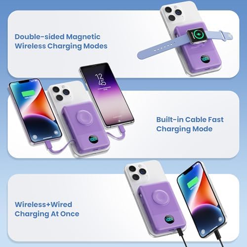 Ultimate 6-in-1 Magnetic Portable Charger, 10800 m Ah Power Bank for i Phone – Features Integrated Cables, Wireless Charging for Apple Watch, Smart LCD Display, and 25 W PD Fast Charging – Perfect Travel Accessory for All Devices with Enhanced Safety Features and Compatibility for i Phone 12 to 16 Series