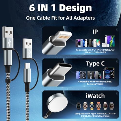 Universal 3-in-2 Travel Charging Cable for Apple Watch and Smartphones – 5 FT High-Speed Dual-Device USB-A/USB-C Charger for i Phone 16/15/14 & Android – Lightweight, Durable Solution for On-the-Go Power Management
