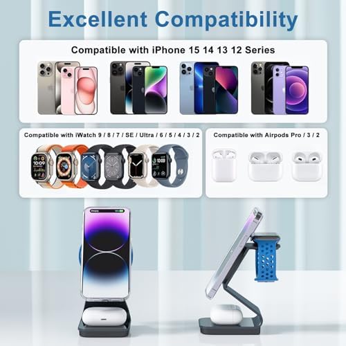 Sleek 3-in-1 Aluminum Alloy Wireless Charger Stand for i Phone, i Watch & Air Pods – Fast Mag-Safe Charging Station with Cable & Adapter Included for Ultimate Device Compatibility and Convenience