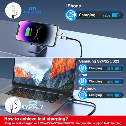 60 W Versatile 4-in-1 Coiled Charging Cable for Apple Car Play & Android Auto – USB to USB C and Lightning Connector for i Phone, Android Devices, i Pad & Laptops – 3 Ft Tangle-Free Design for Rapid Data Sync & Fast Charging – Durable Black Accessory for Seamless Connectivity