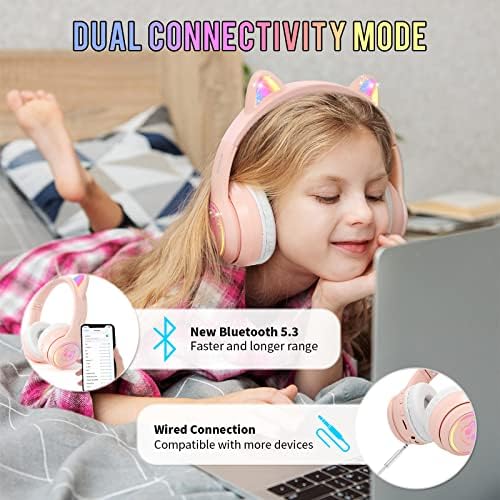 IFECCO Wireless Kids Bluetooth Cat Ear Headphones – Fun Light-Up Design with Volume Limiting Feature, Built-in Microphone, and Foldable Portability for Travel and Learning – Ultimate Gift for Young Music Enthusiasts