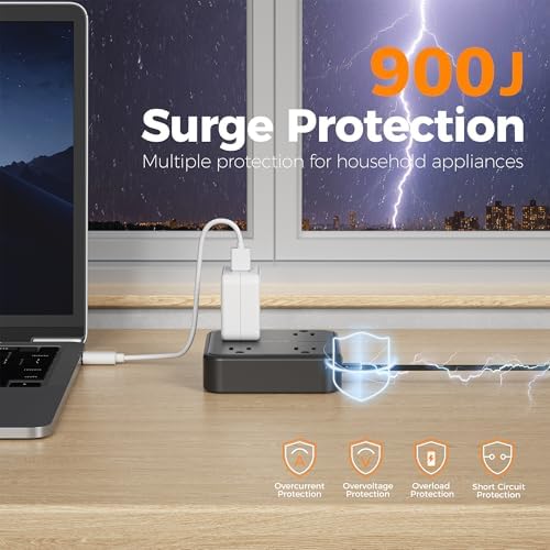 TESSAN 5 FT Flat Extension Cord Surge Protector – 4 Outlet Power Strip with 3 USB C Ports (1 USB C) for Fast Charging, 900 Joules Electronics Protection, Space-Saving Design for Home, Office, and Dorm Use, Enhanced Compatibility and Efficiency
