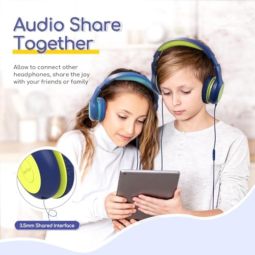 Kid-Friendly Foldable Wired Headphones with Microphone – Volume Limiting Safety (85/94 d B) for Hearing Protection, Share Port for Collaborative Audio, Ideal for Tablets, PCs, and School Use – Enhanced Type C Compatibility for Optimal Sound Quality and Comfort