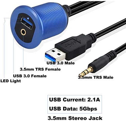 Elevate Your Vehicle’s Connectivity: 3.3 ft USB 3.0 & 3.5 mm TRS Jack Flush Mount Cable with LED – Durable Blue Metal Shell Extender for Seamless Dashboard Integration in Cars, Trucks, Boats, and Motorcycles – Perfect USB & Audio Accessory for On-the-Go Convenience
