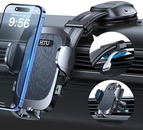 HTU Premium Adjustable Suction Car Phone Holder with Bendable Arm – Ultimate Dashboard and Windshield Mount for i Phone 16, 15, 14, 13, 12 Pro Max (Black) – Secure Grip, 360-Degree Rotation, Enhanced Safety and Usability