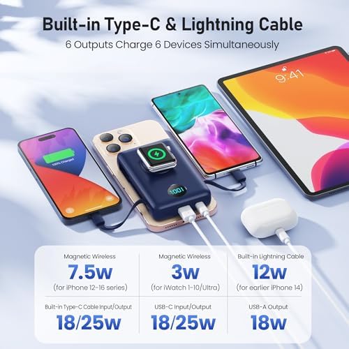 Revolutionary Magnetic Portable Charger for i Phone – 6-in-1 Power Bank with 10,800 m Ah Capacity, Built-in Cables, Apple Watch Charger, and LCD Display – 25 W PD Fast Charging for i Phone 16/15/14/13/12 and Mag Safe Compatibility – Ultimate On-the-Go Charging Solution