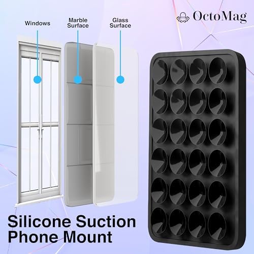 OCTOMAG Black Suction Phone Mount, Hands-Free Mag Suction Holder for iPhone & Android with MagSafe Only, iPhone Sticky Grip for Videos & Selfies! – Enhanced Compatibility and Speed